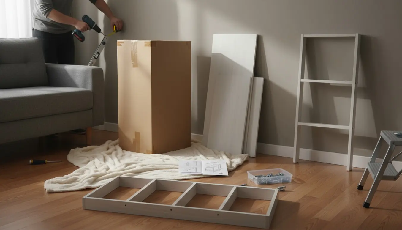 Indpakket nyt badeværelsesskab i stuen og hænder, der afmonterer en sektion af en fire-sektions stigereol med værktøj på gulvet.