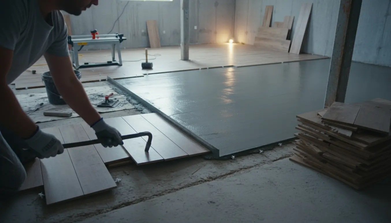 Kælderrum under gulvrenovering med fjernet klikgulv, udjævnet betongulv og nylagte trælook-fliser.