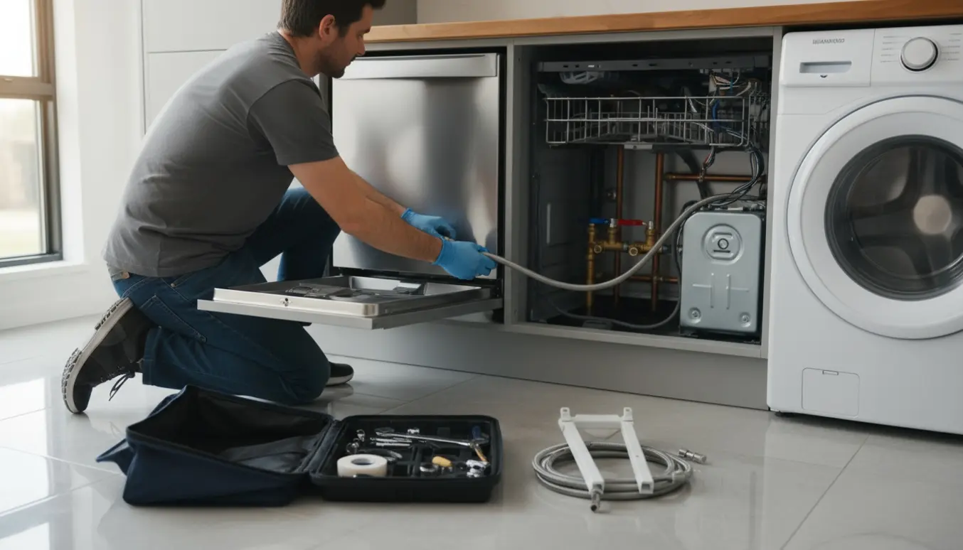 Tekniker monterer opvaskemaskine, vaskemaskine og tørretumbler i et lyst vaskerum, kun hænder og værktøj synlige.
