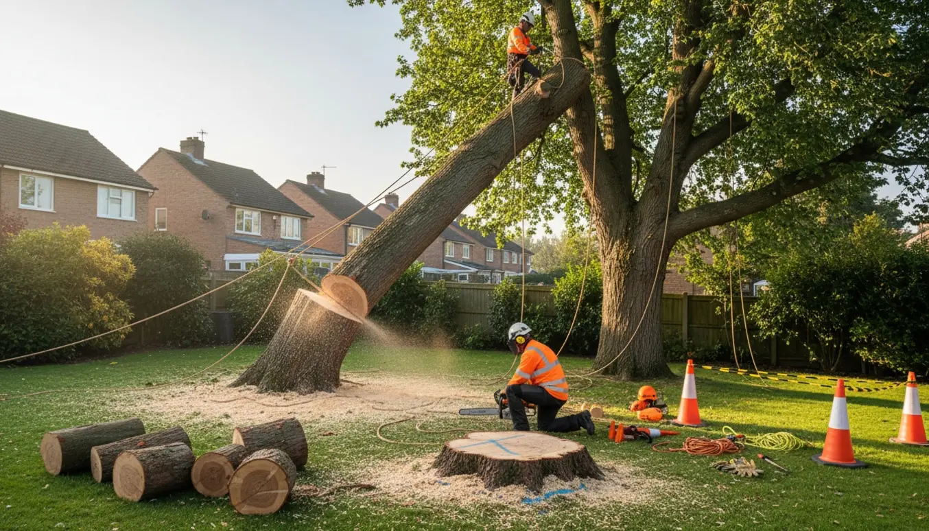To træer fældes sikkert tæt på huse, arbejdstagere i sikkerhedsudstyr med kædesav og stablede brædder.