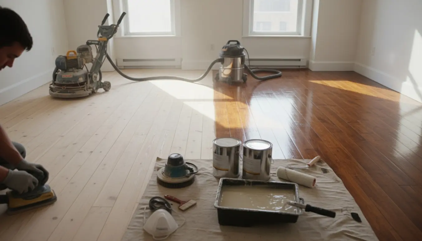 Halvt slebet trægulv i en lys lejlighed med slibemaskine og lakudstyr.