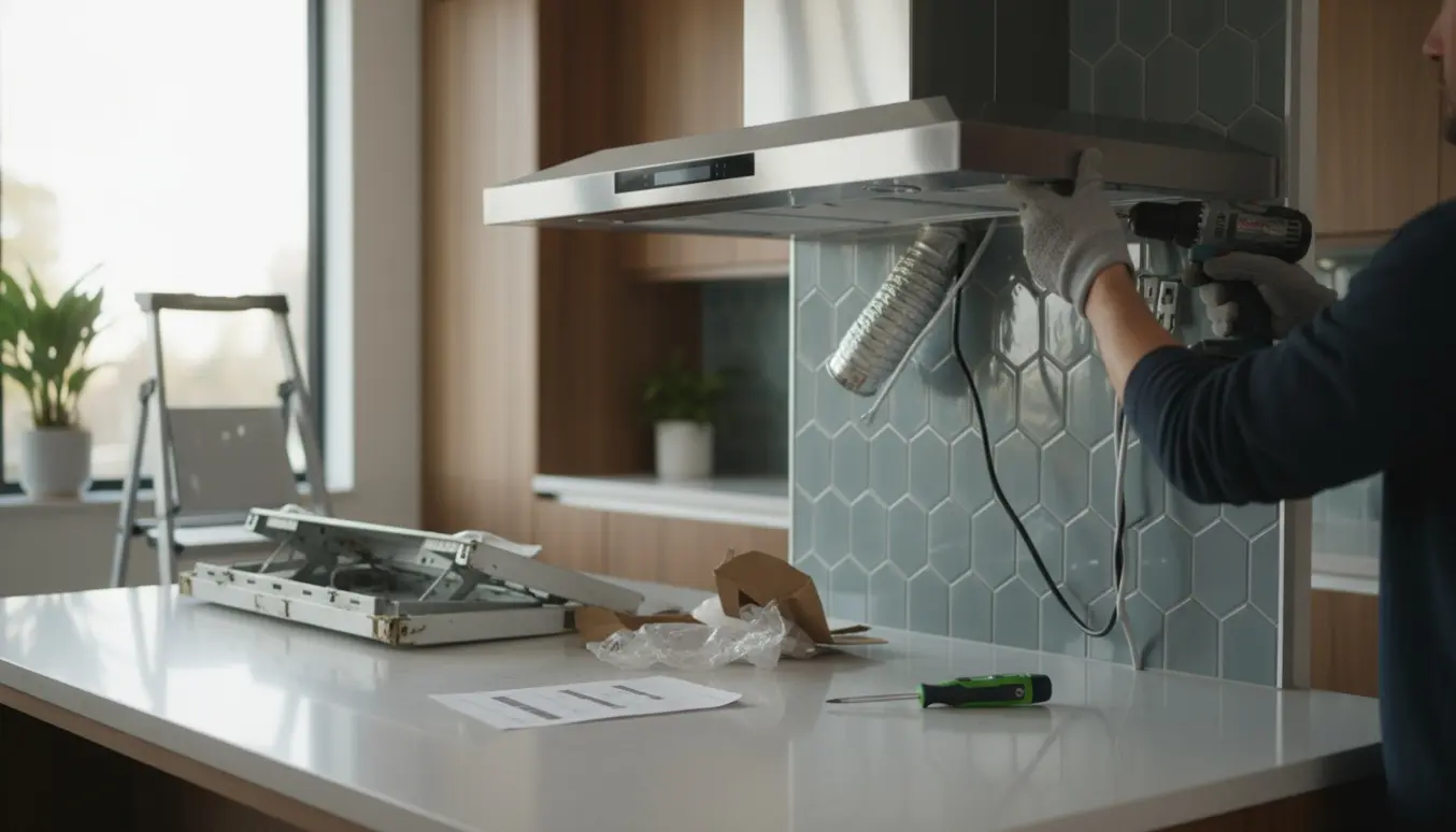 Installation af en ny væghængt emhætte i et moderne køkken med værktøj og handsker.