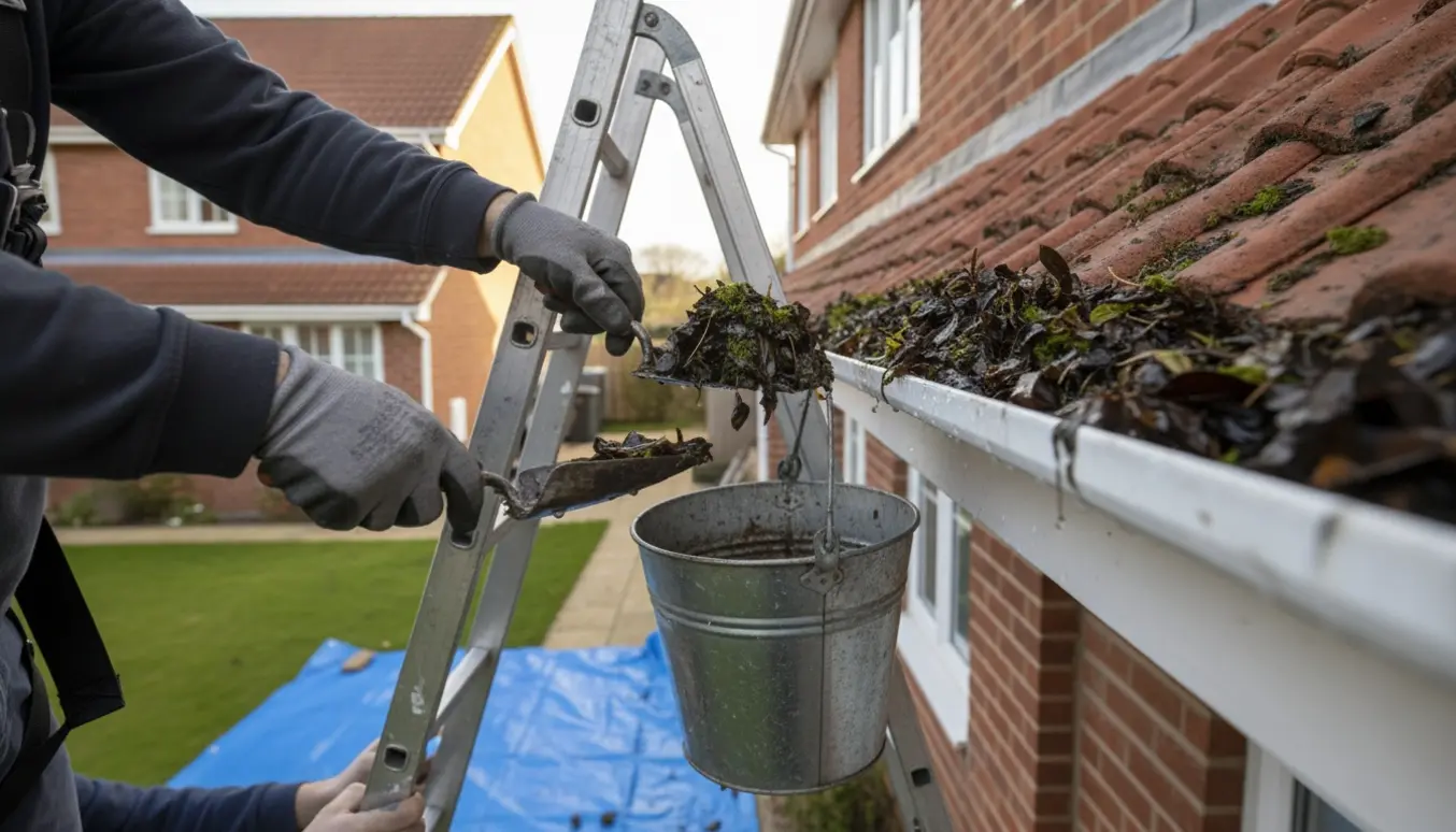 Handskerede hænder fjerner blade og mos fra en tagrende på et to-etagers rækkehus.