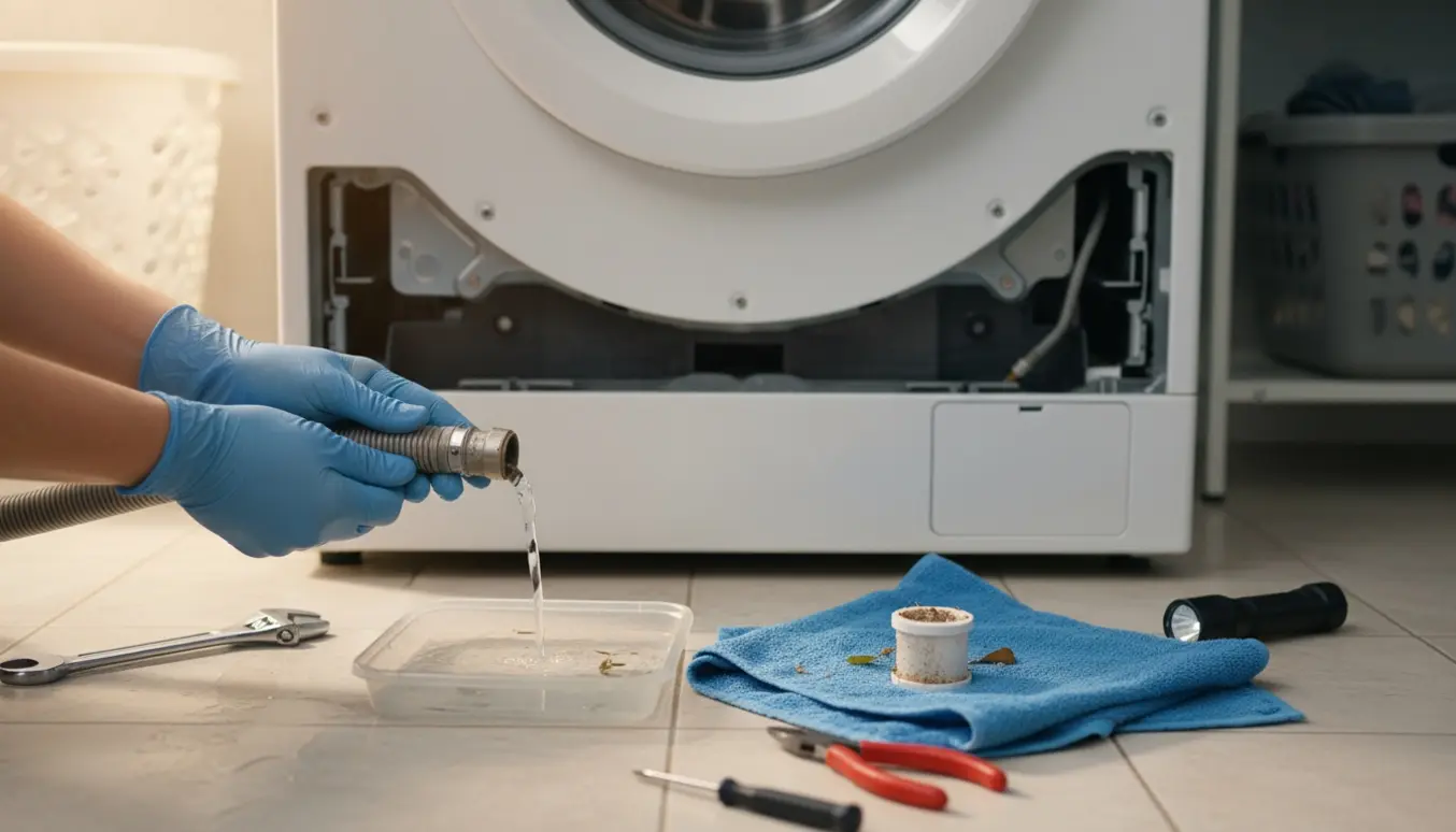Åbnet vaskemaskine med hænder, der holder en slange, hvor vand løber gennem, og værktøj lagt klar til fejlsøgning.