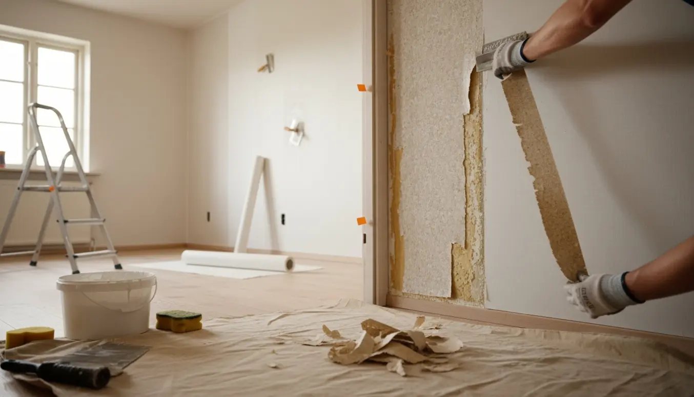 Hænder fjerner gammelt savsmuldtapet og sætter glasfilt op i et værelse med værktøj og materialer.