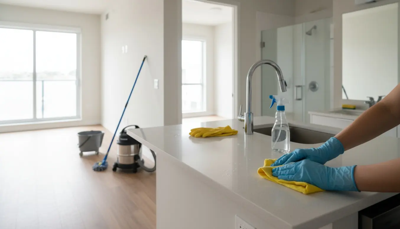 Tom, nyvasket lejlighed med rengøringsudstyr i forgrunden og blødt dagslys gennem vinduerne.