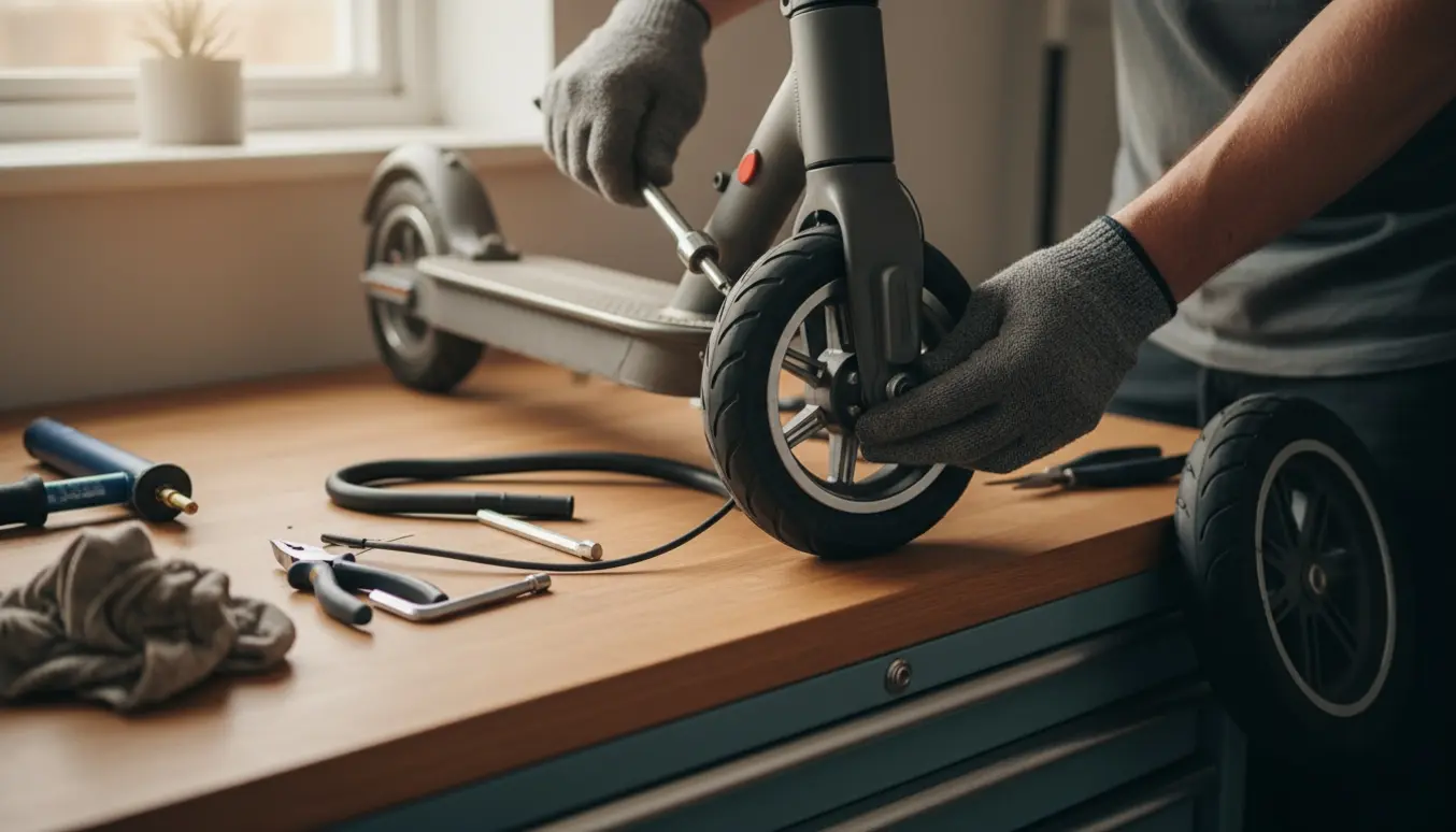 Nærbillede af et el-løbehjul, hvor hænder skifter til punkterfrie 10-tommer dæk i et lyst hjemmeværksted.