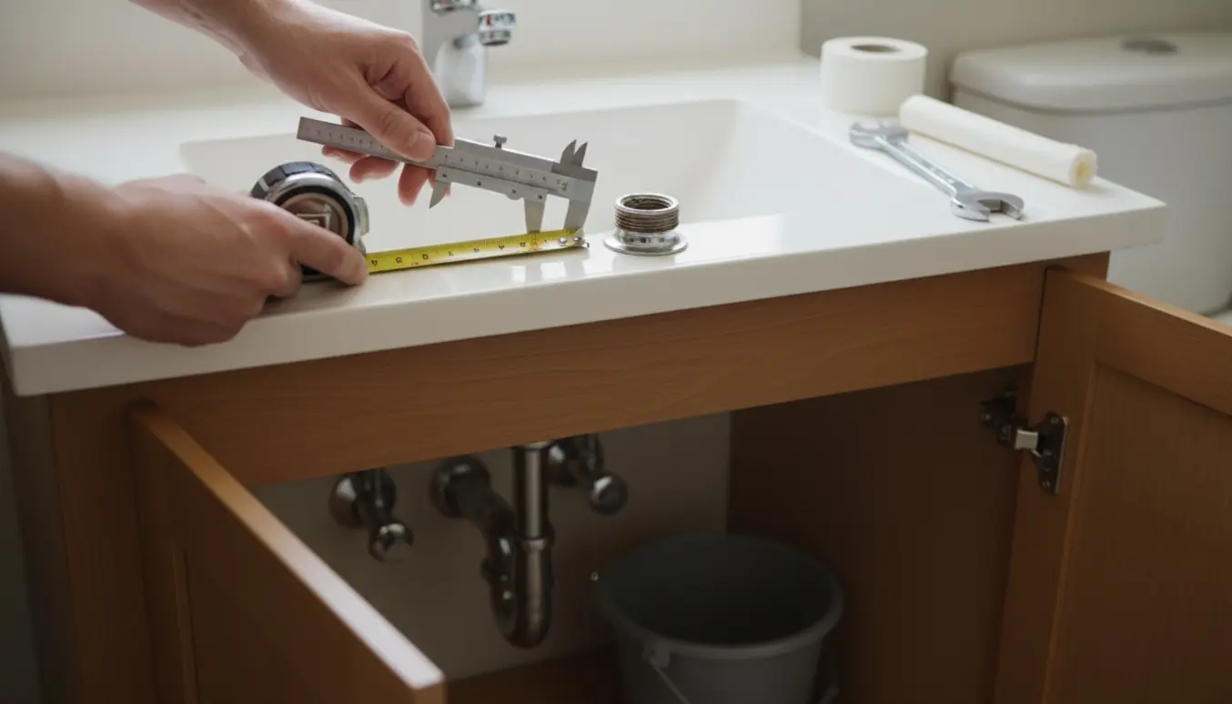 Hænder måler vaskens åbne afløb med målebånd og skydelære ved siden af værktøj og den fjernede bundventil.