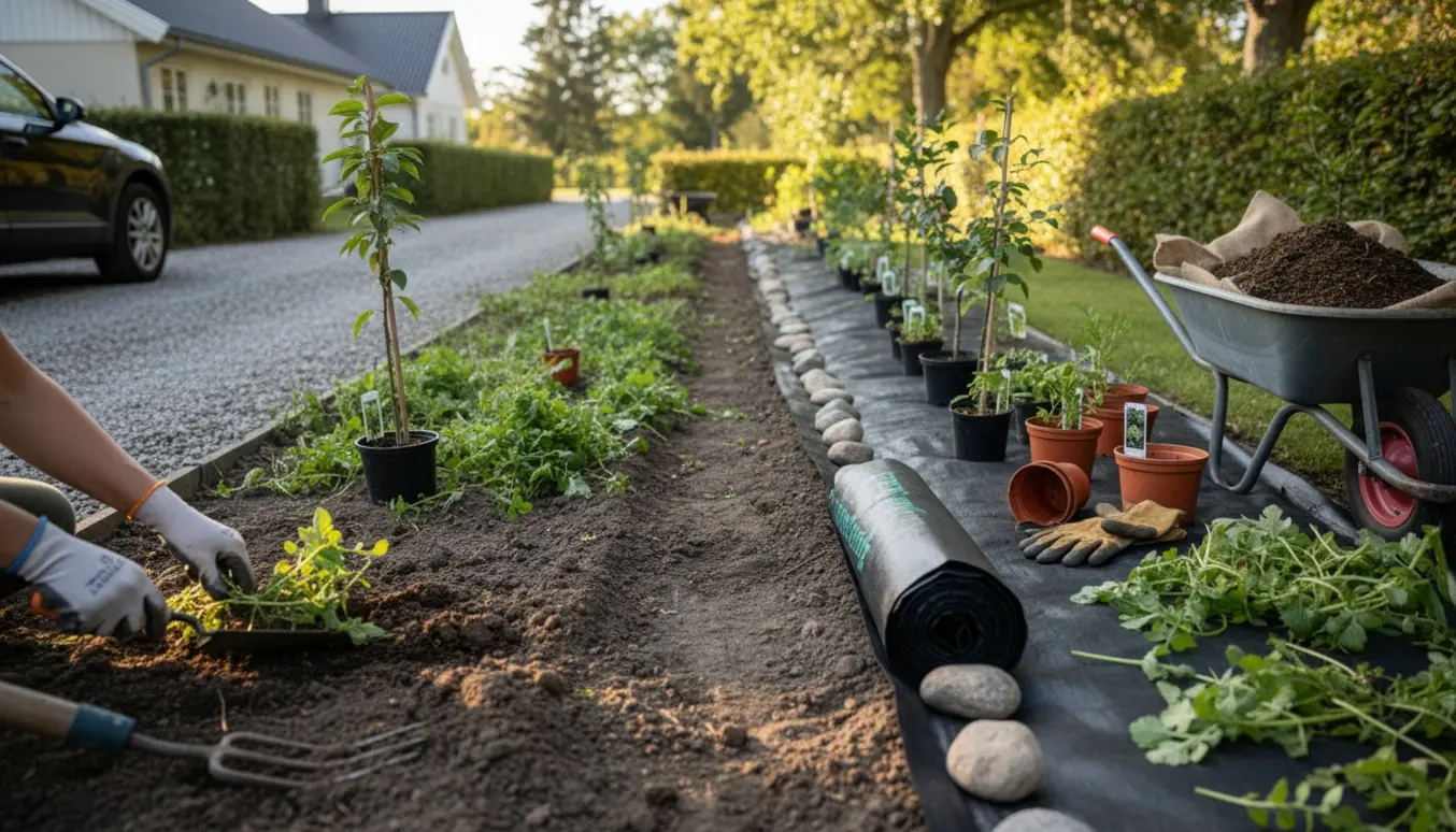 Havearbejde langs indkørsel: ukrudt fjernes, ukrudtsdug rulles ud og stauder klar til planting i lange bede.