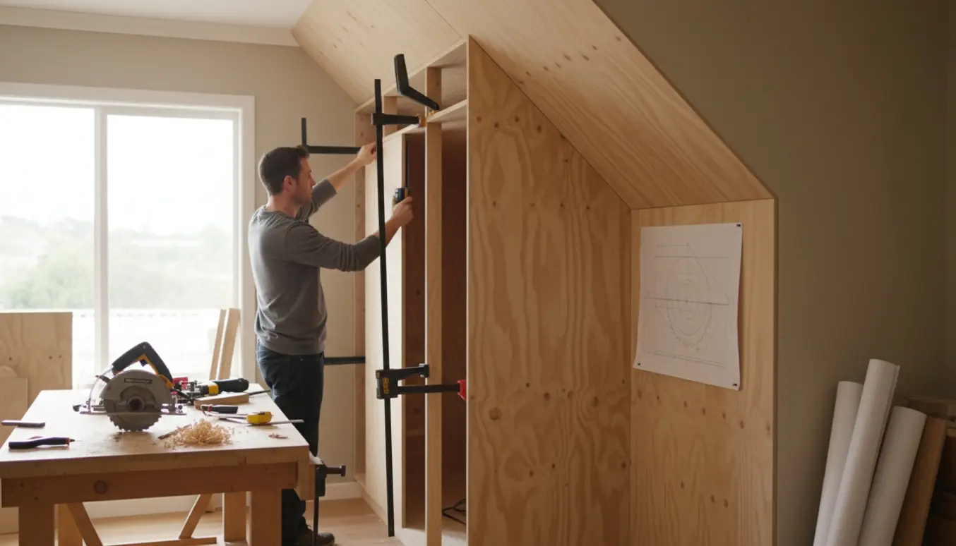 Snedker arbejder på et skråvægs-garderobeskab i træ med værktøj og skabelon i et lyst værksted.