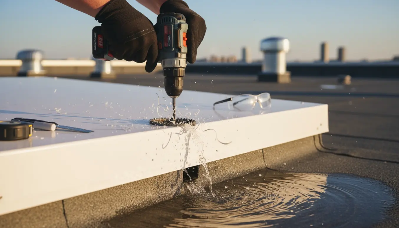 Nærbillede af borearbejde i en lyskasse, hvor en 5 cm hullesav skærer i plast og vand løber ud.