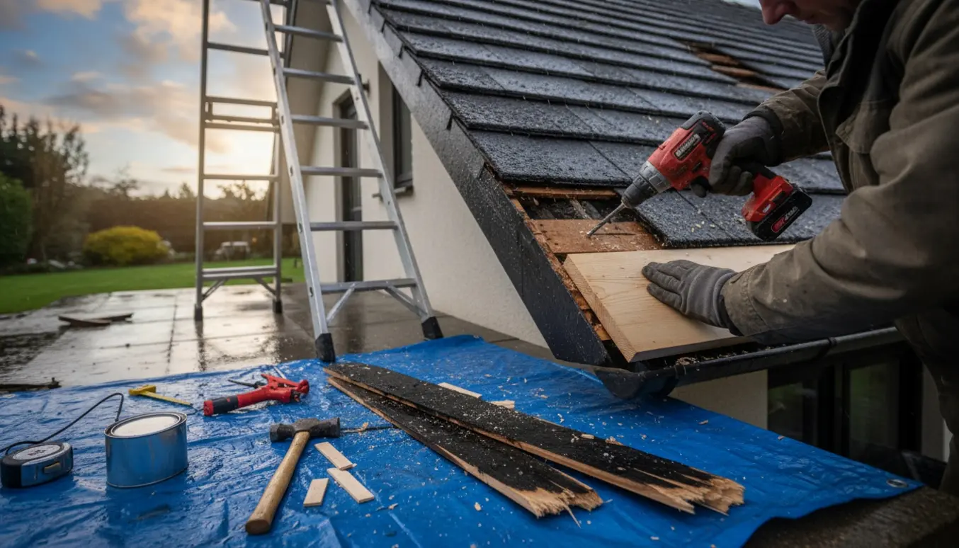Hænder på en stige skruer en ny vindskede fast på tagkanten efter en storm.