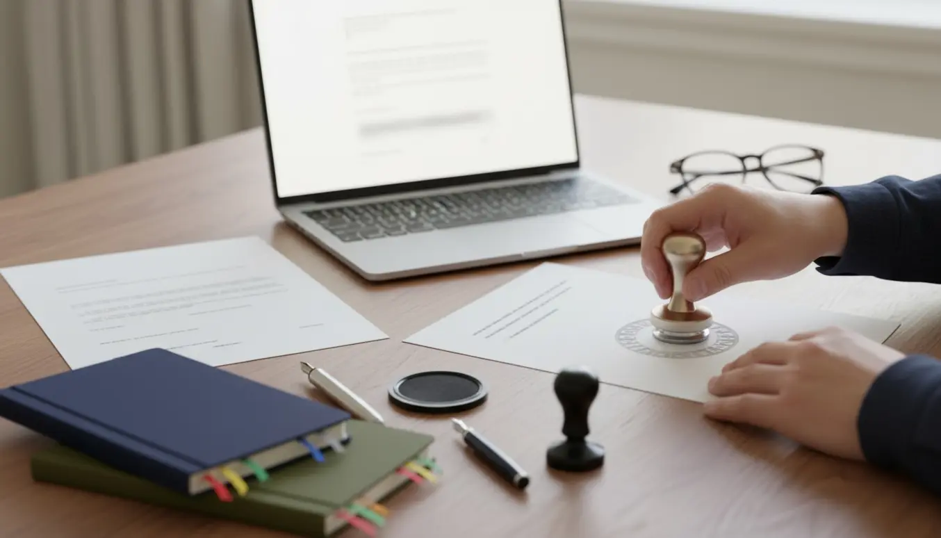 Et arbejdsbord med udskrevne sider og en hånd, der præger et officielt stempel på en side til autoriseret oversættelse.