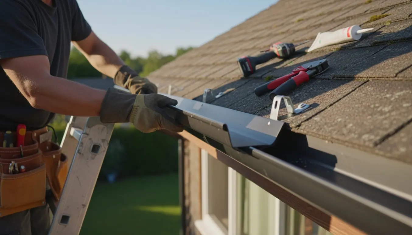 Nærbillede af montering af nye ståltagrender på eksisterende bøjler med arbejdshænder og værktøj.