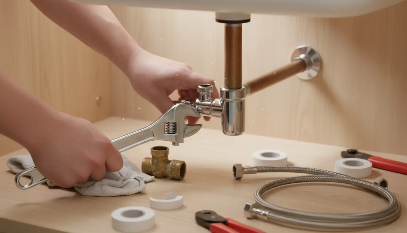Hånd installerer en kromventil med to udtag under køkkenvasken.