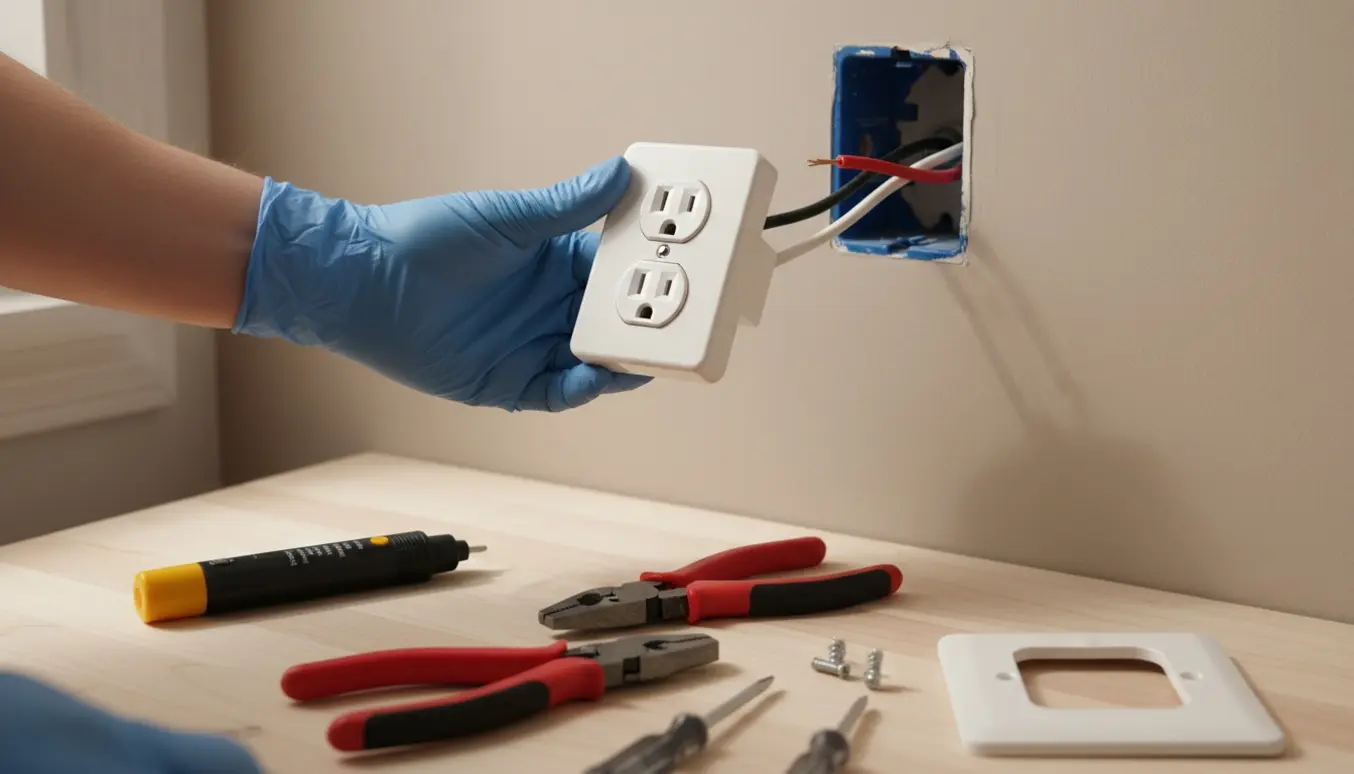 Nærbillede af udskiftning af en stikkontakt med hænder, værktøj og åben vægboks i en lys stue.