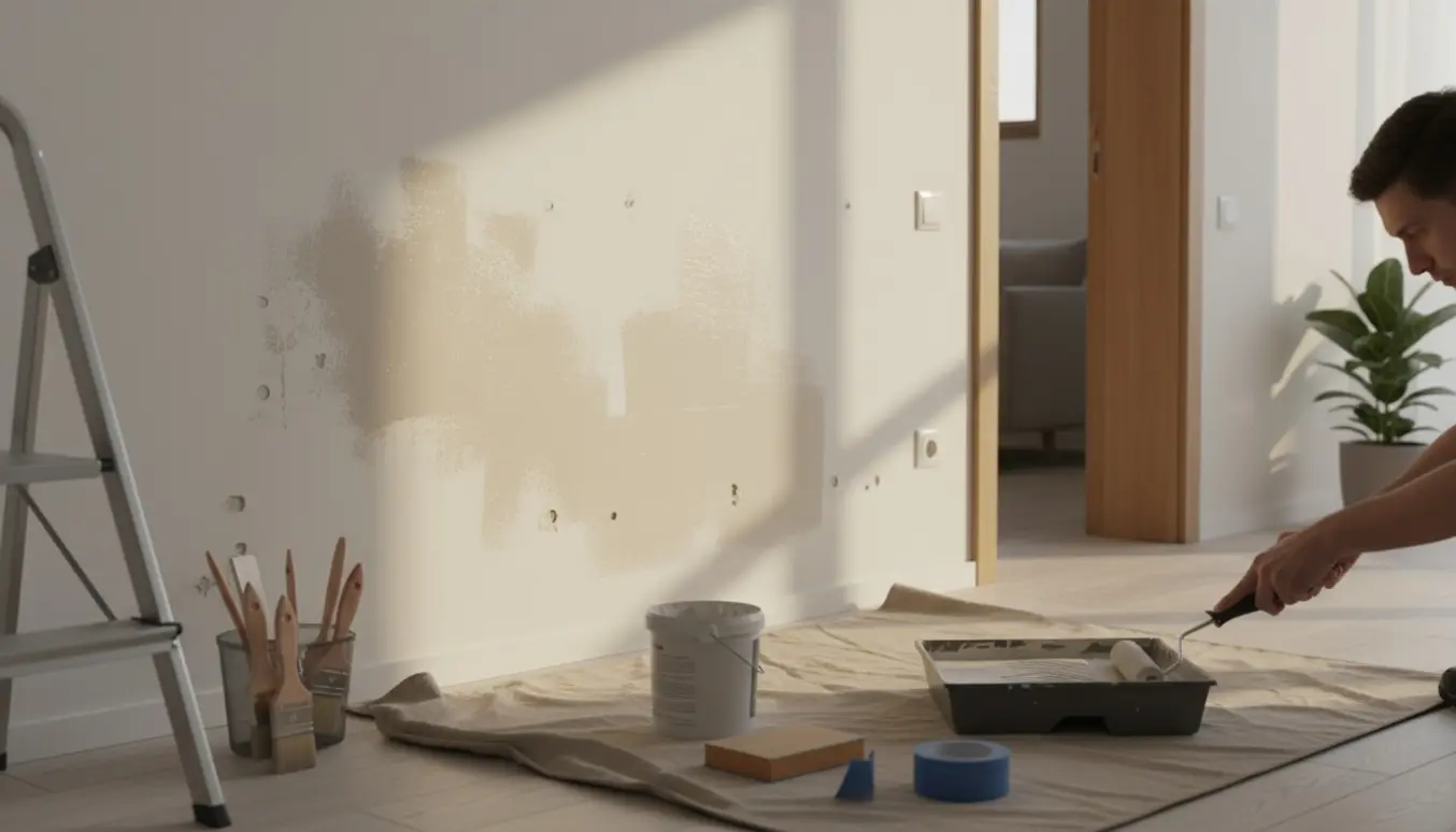 Spartlede sømhuller og nymalet væg i en lille lejlighed med maleruller og afdækningsplast.