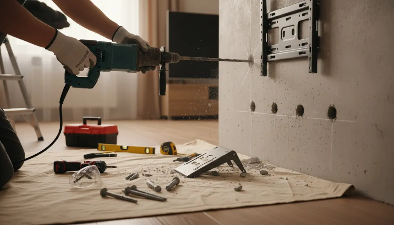 Håndværker borer fire huller i en jernbetonvæg med slagboremaskine, klar til montering af tv.