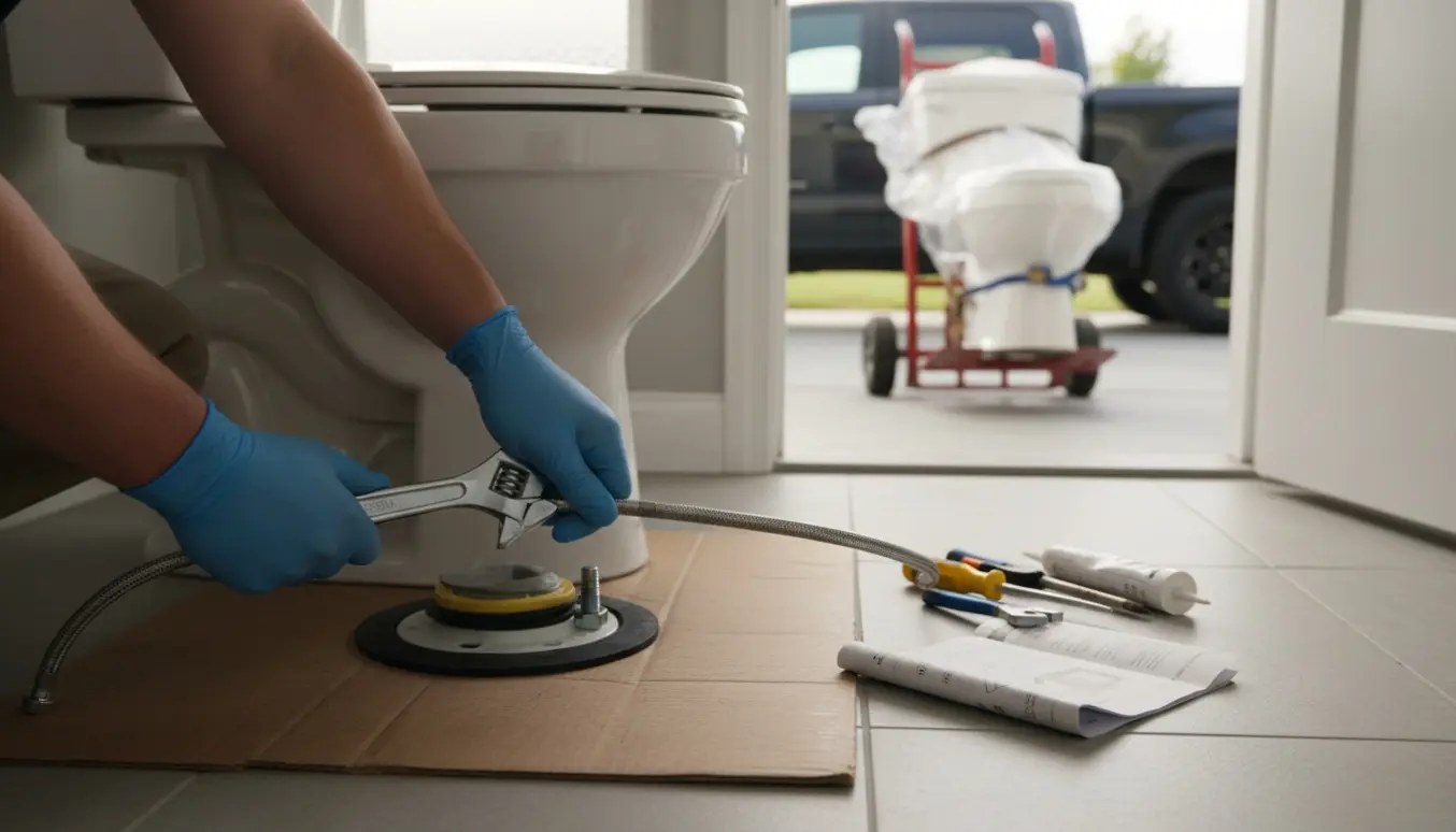 Hænder monterer et nyt toilet i et lyst badeværelse, mens det gamle toilet er pakket til bortskaffelse.