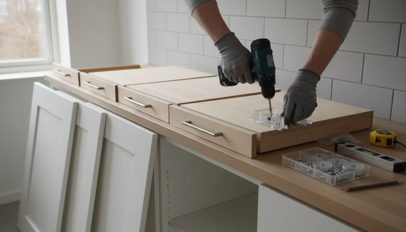 Fem køkkenlåger og syv skuffefronter med håndtag og værktøj klar til montering i et skandinavisk køkken.