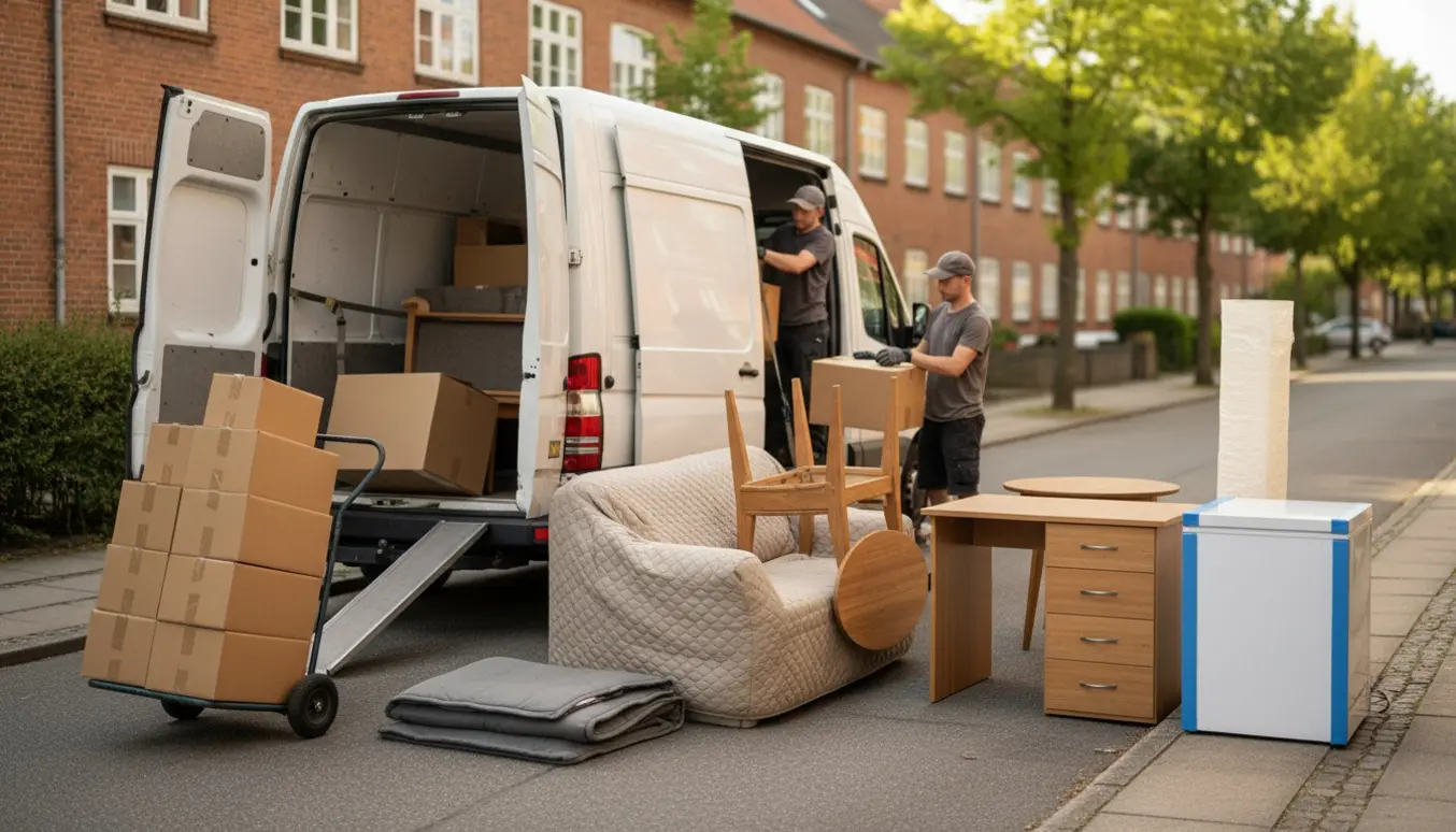 Flyttebil og stabler af flyttekasser, møbler og en kummefryser klar til indlæsning på en rolig boligvej.