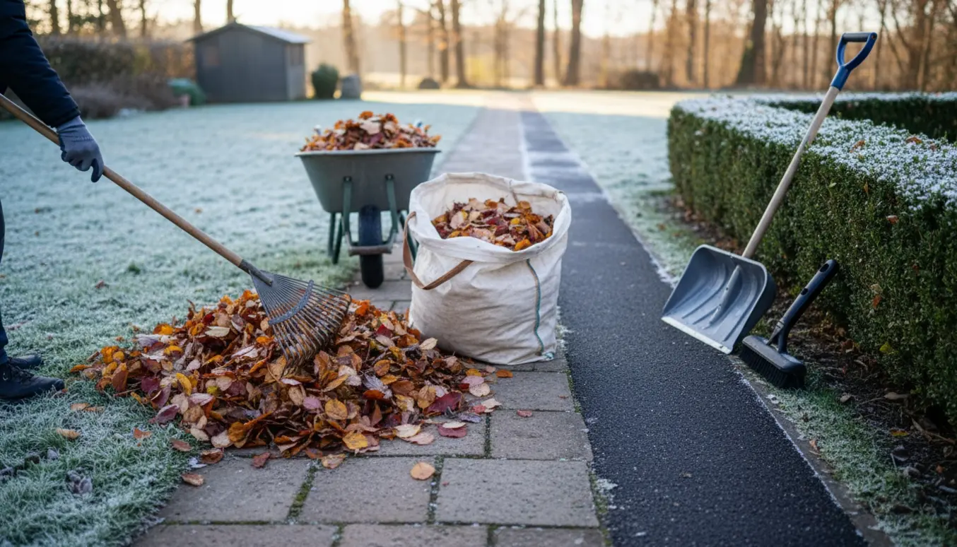 Hænder fejer blade fra en havegang med en sneskovl og trillebør fyldt med blade ved siden af.