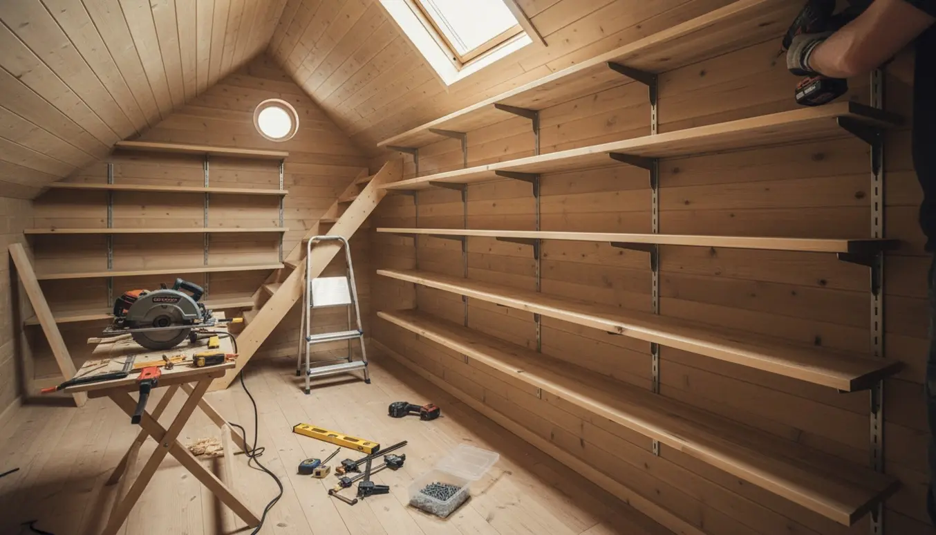 Loftrum hvor træhylder bygges fra væg til væg med værktøj og træplanker omkring.