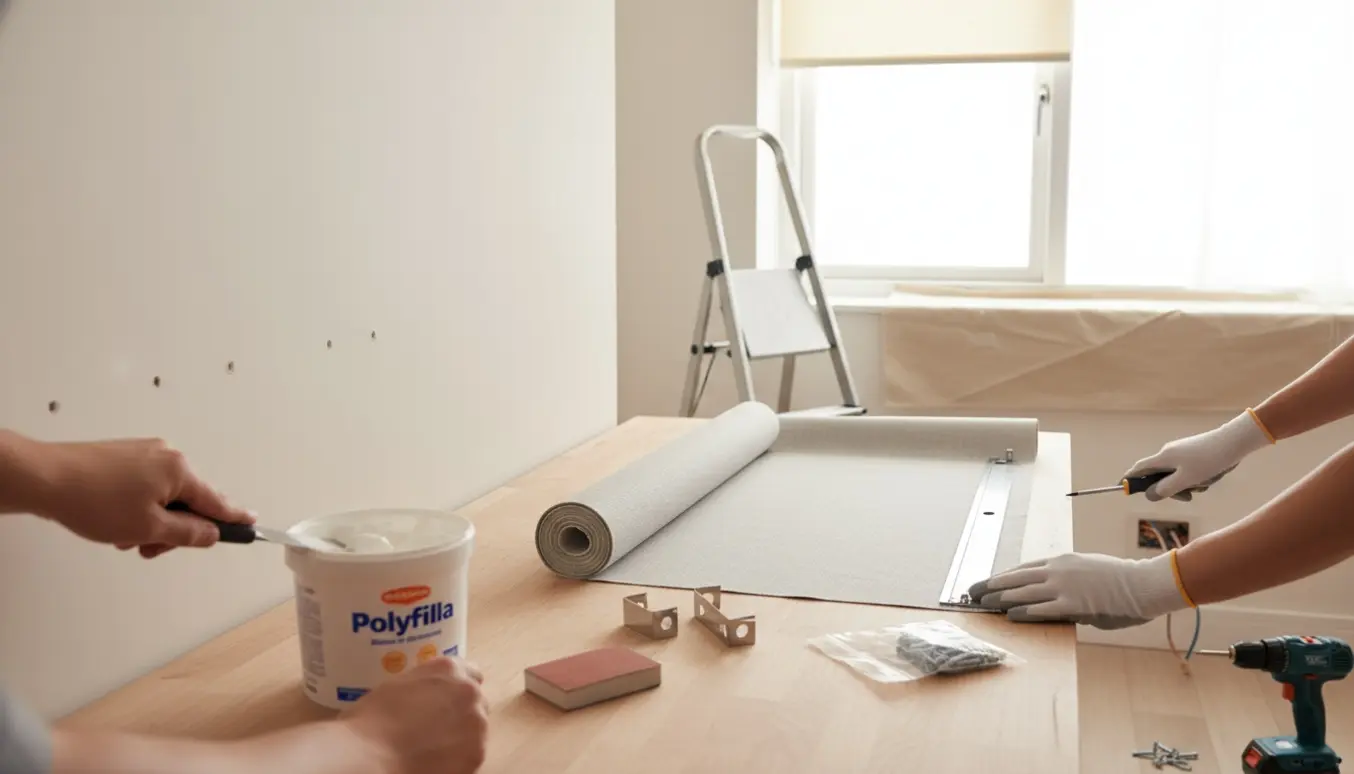 Nærbillede af hænder, der retter huller i væggen med Polyfilla, tilskærer et nyt rullegardin og fastgør en løs elkontakt nær et vindue.
