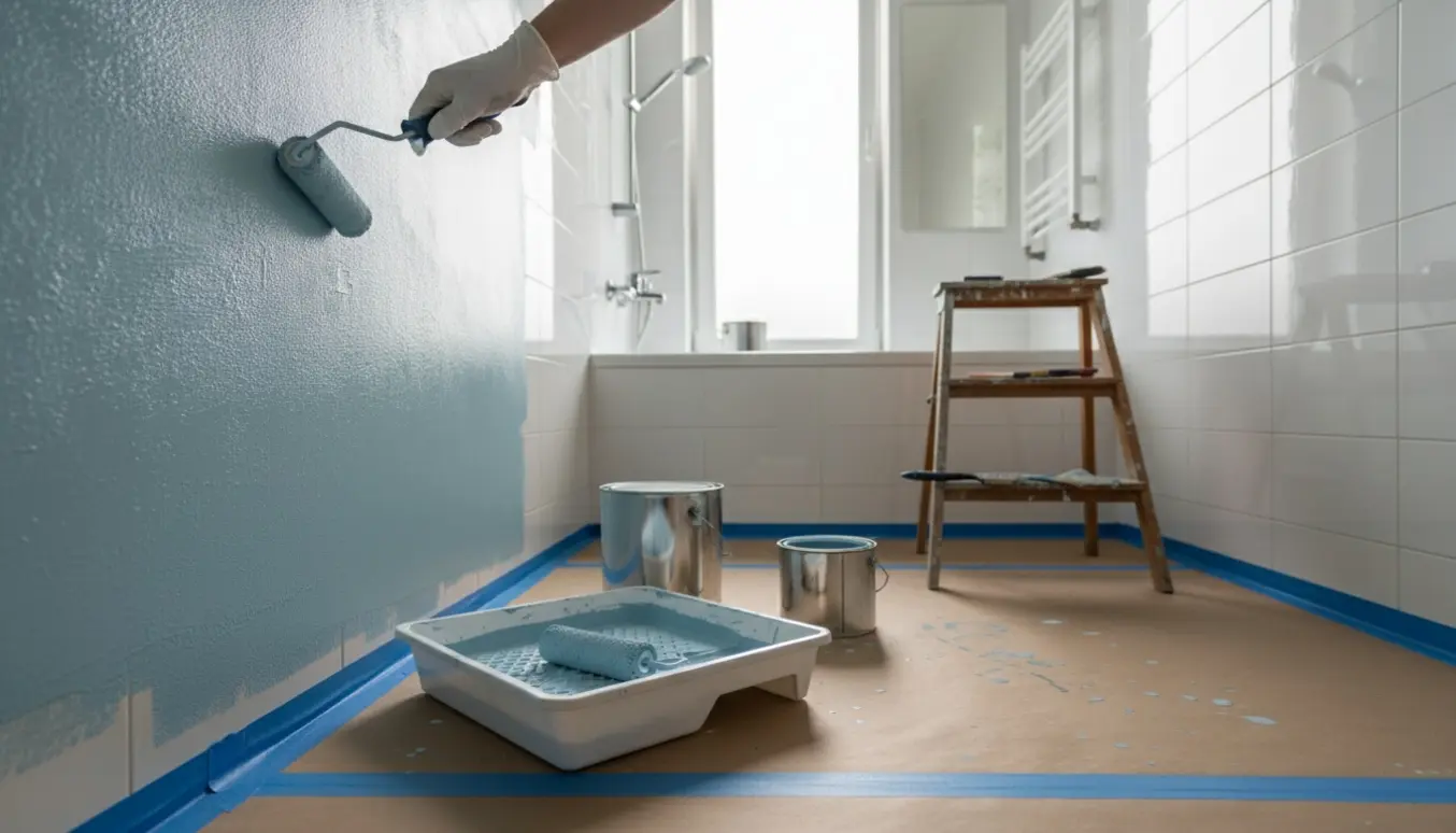 Et kompakt badeværelse under maling med malerruller, pensler og afdækningspap, hvor en væg er delvist nymalede.