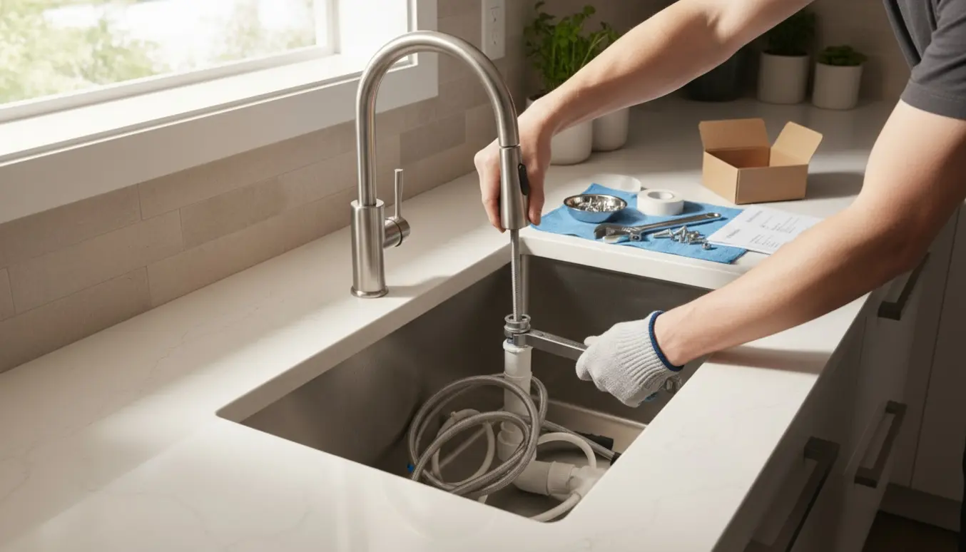 En hånd spænder en ny køkkenvandhane i rustfrit stål over en vask med værktøj og forsyningsslanger synlige under skabet.