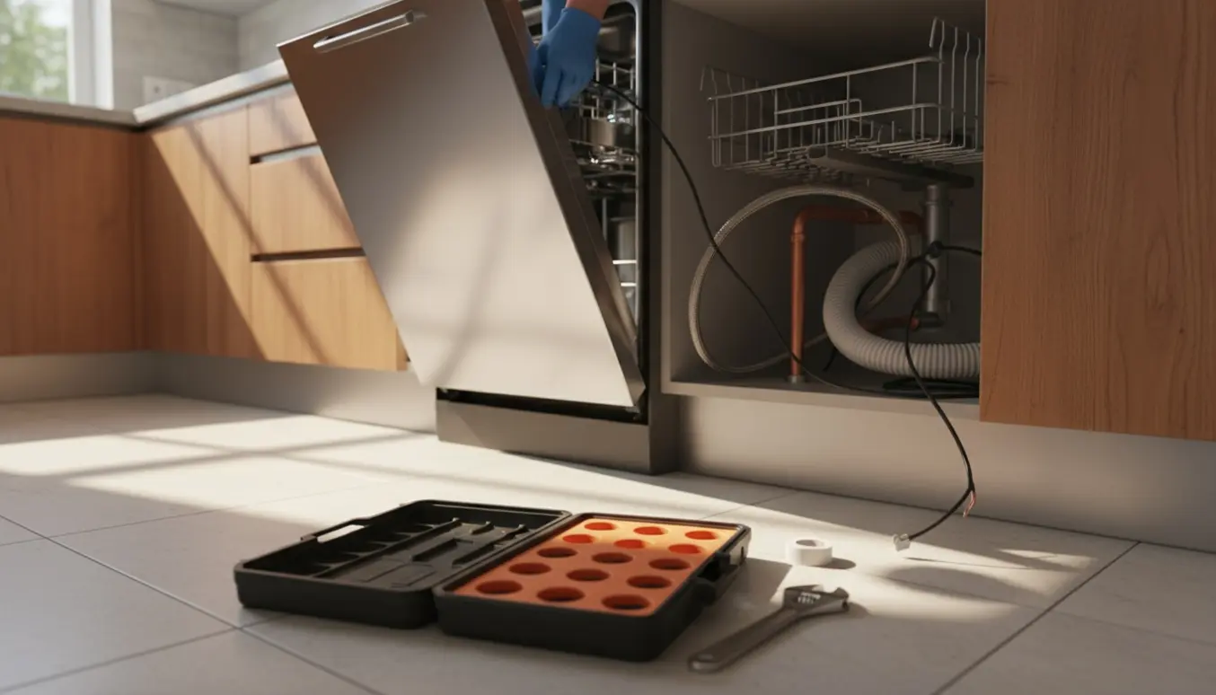 Ny opvaskemaskine i køkken med blottede vvs- og elkabler og en næsten tom værktøjskasse.