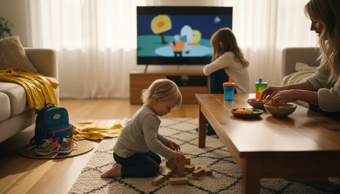 Børnepasser dækker snackbord og leger med to små piger i en varm, hyggelig stue.