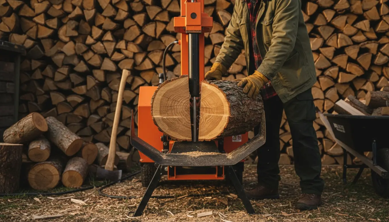 En hydraulisk brændeflækker deler et træstykke med stakke af kløvet brænde i baggrunden.