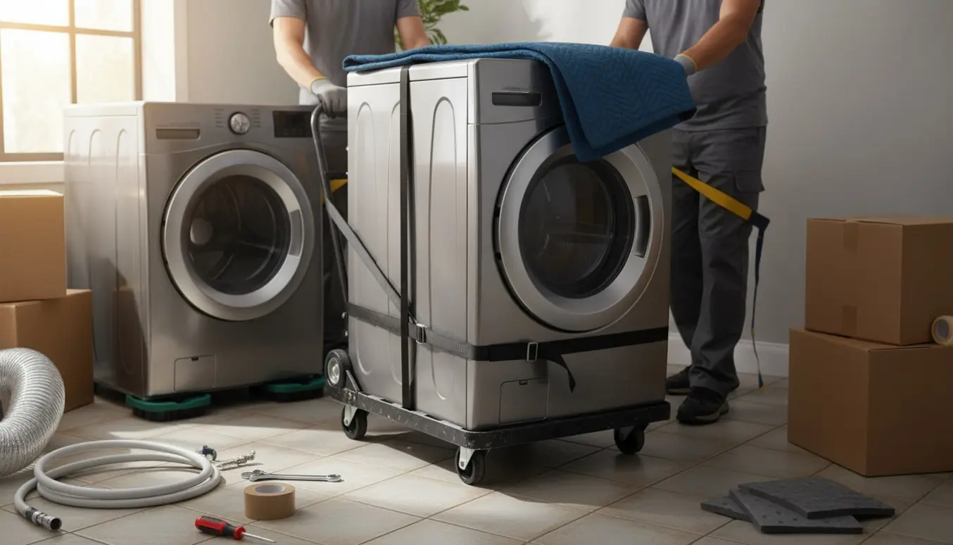 Vaskemaskine og tørretumbler på flyttedolly i en lys entré, håndteret af to personer med handsker.