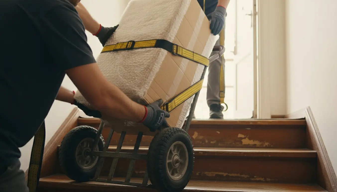 To personer løfter en tung pakke op ad en trappe til en lejlighed med sækkevogn og sikkerhedsudstyr.