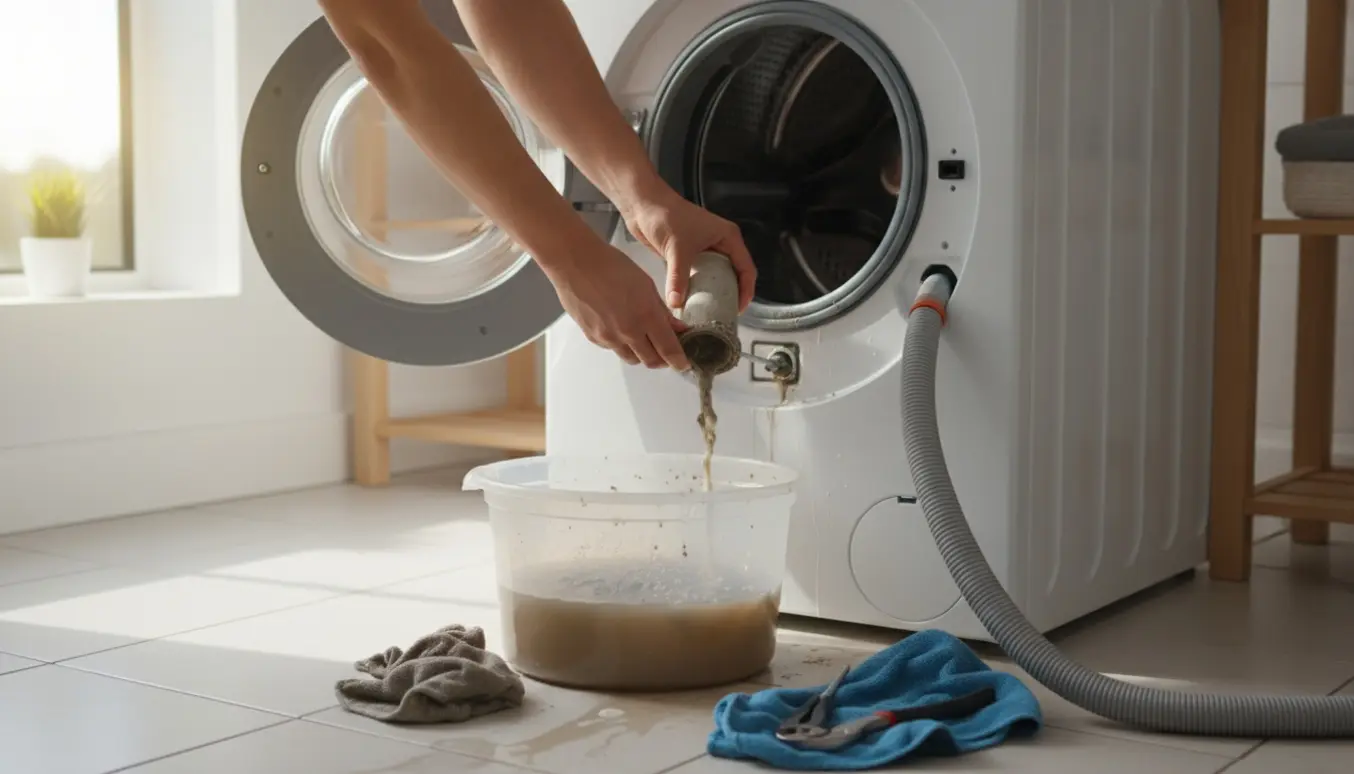 Hænder forsøger at åbne bundfilteret på en hvid frontbetjent vaskemaskine med en spand til opsamling af vand.