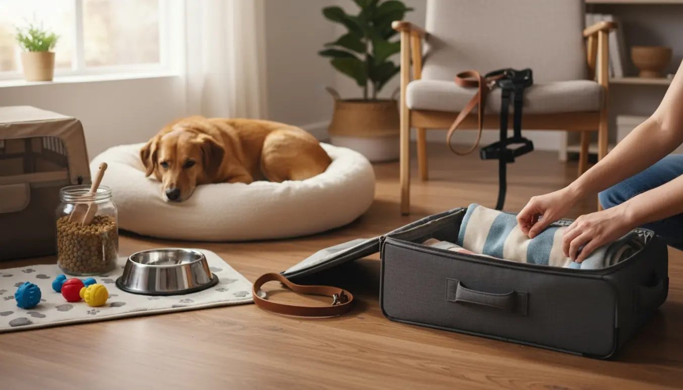 En rolig hund ligger i en seng ved siden af pakket taske og hundeudstyr i et lyst hjem.