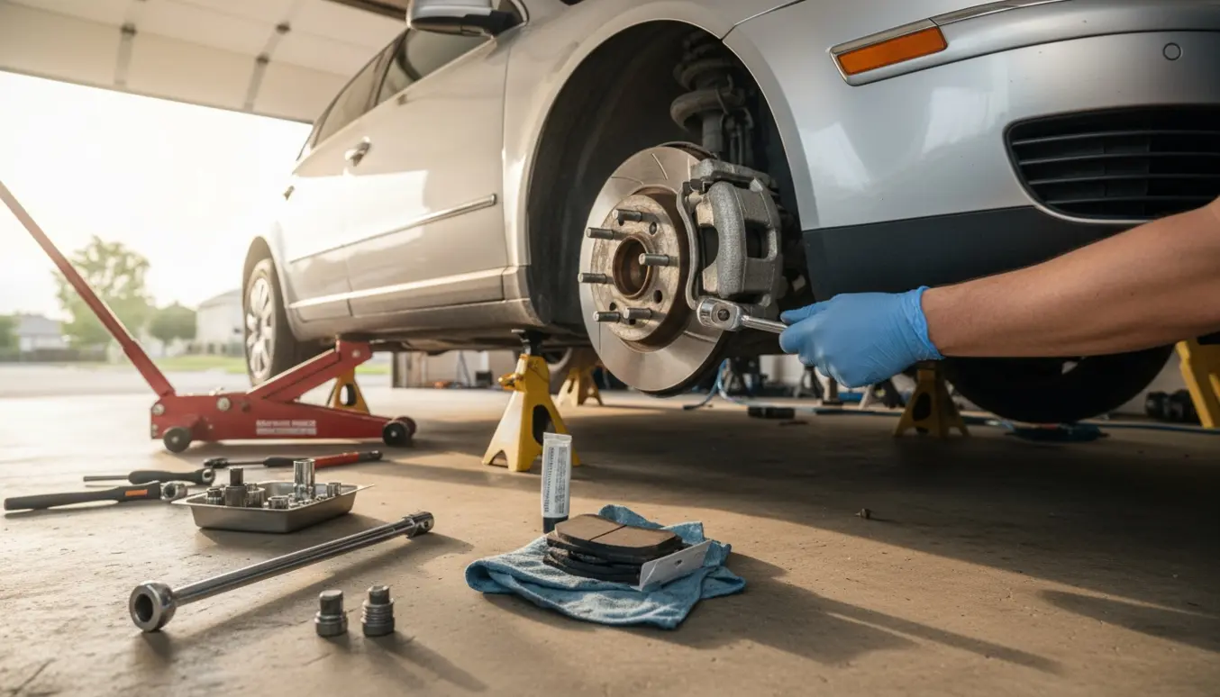 En mekaniker i handsker skifter for- og bagbremseklodser på en sølv Passat i en oplyst garage.