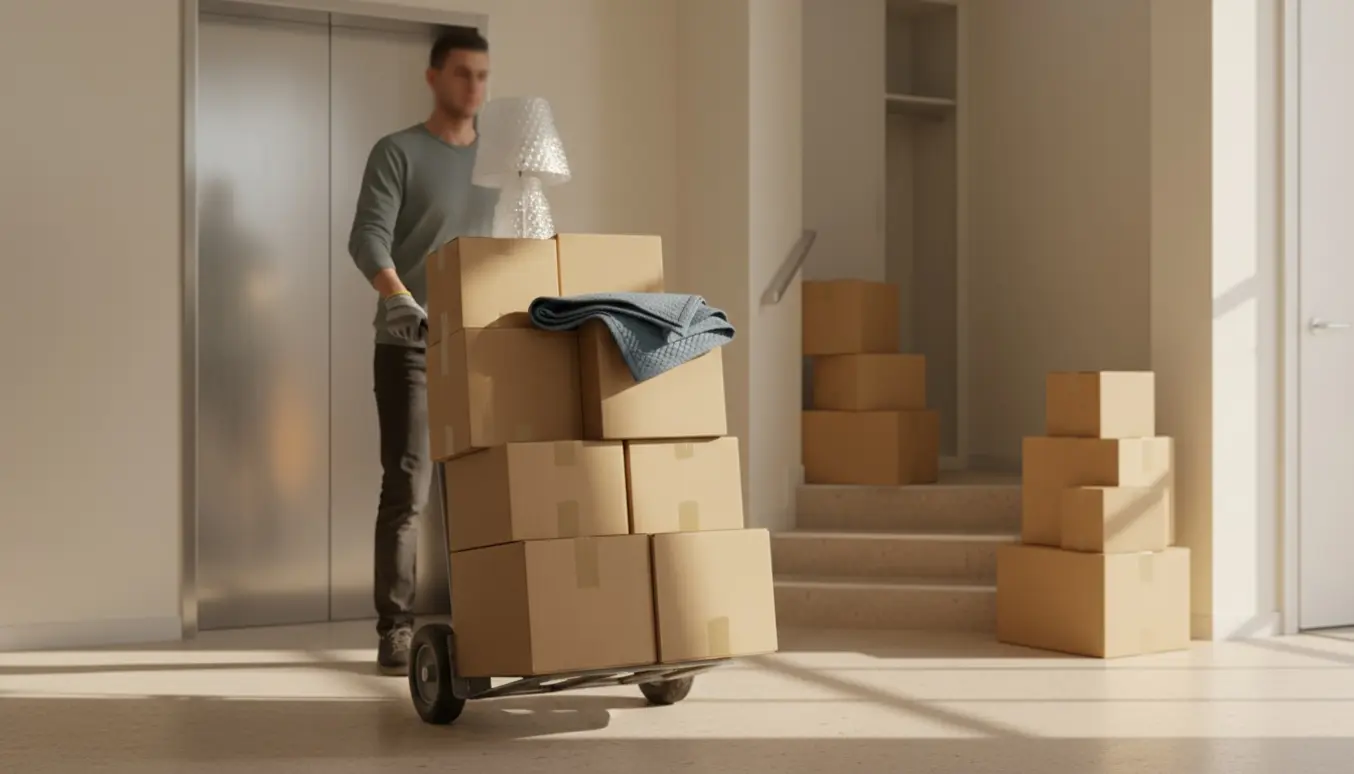 Person ruller flyttekasser på en dolly fra klæderum mod elevator i en lejlighedskorridor.