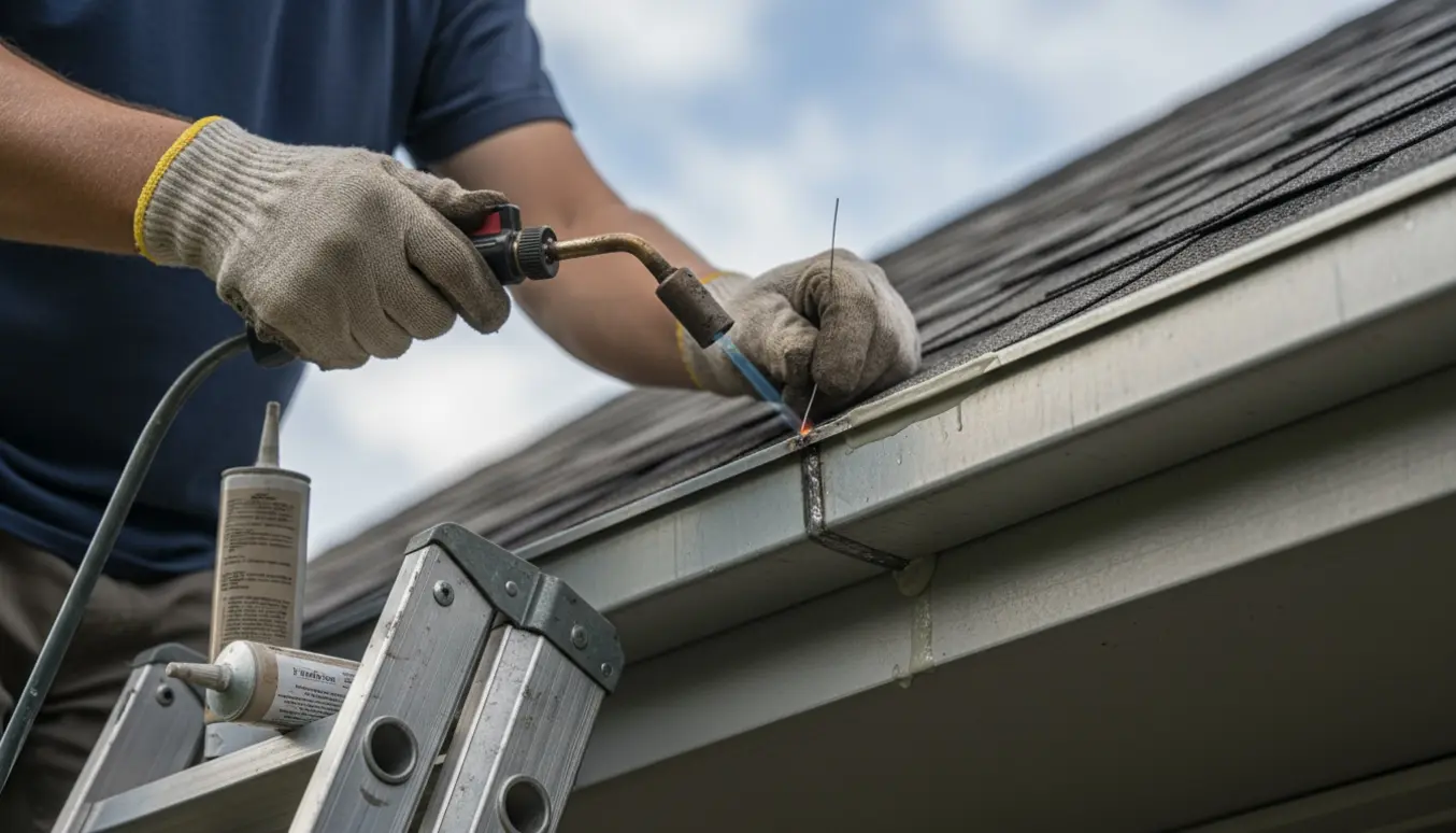 Nærbillede af hænder på en stige, der tætner et tagrender-endestykke med loddebrænder og tætningsmasse.