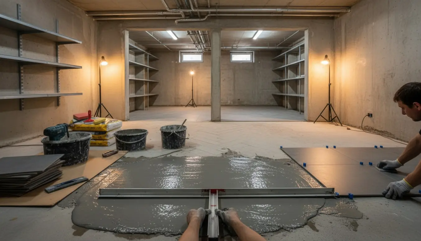 Kældergulv i butik med nyflydende spartel i forgrunden og fliser, der lægges i baggrunden.