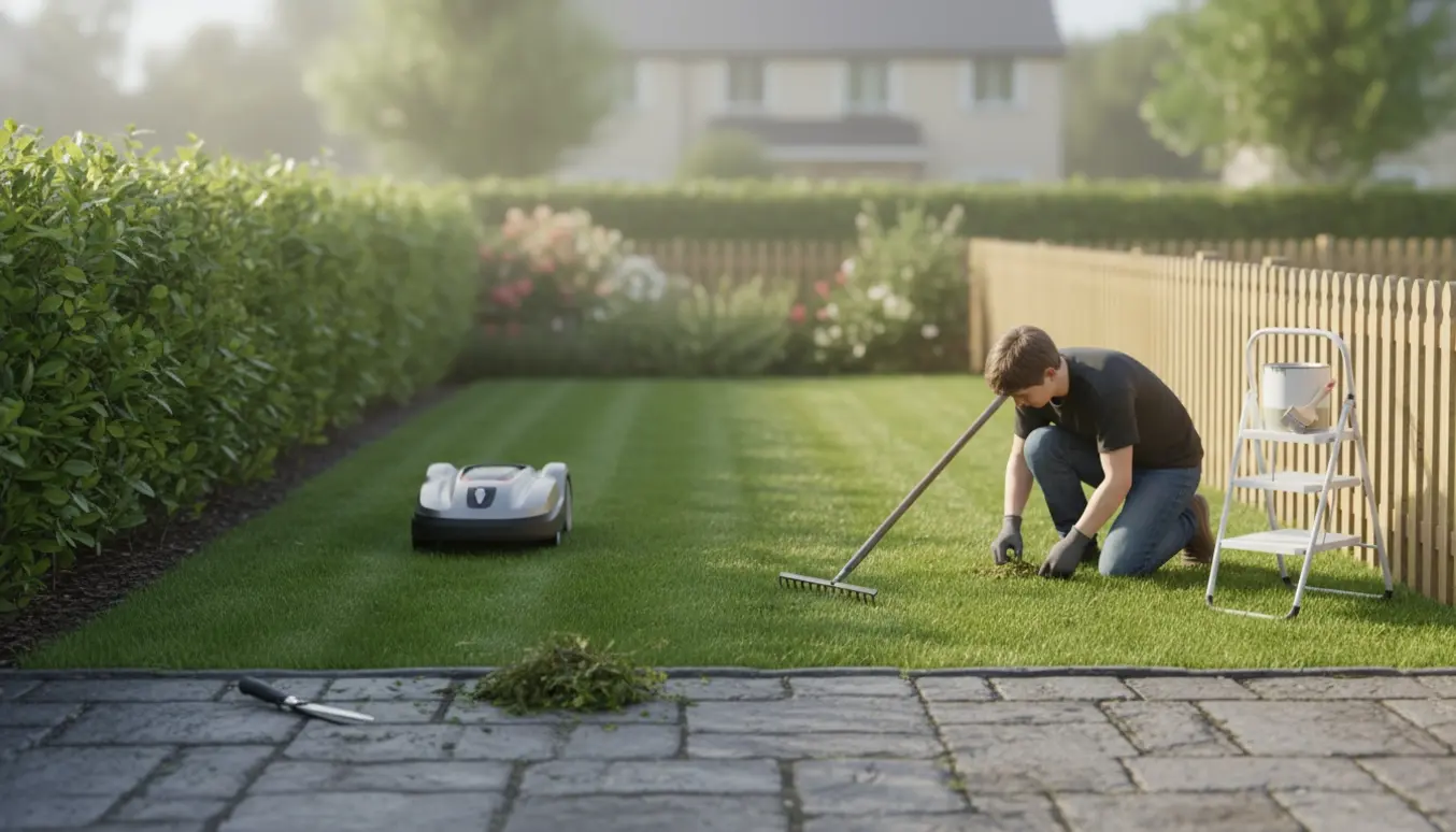 Robotplæneklipper på nyklippet græs med kantklipning, fjernede ukrudt i indkørsel og malerbøtte klar til små touch-ups.