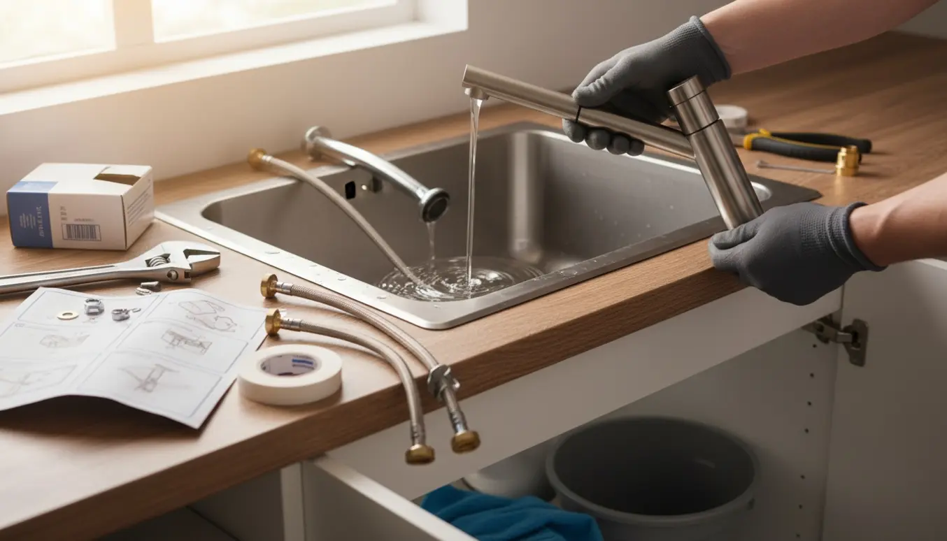 Hænder installerer et nyt køkkenarmatur over en vask med værktøj og en dryppende gammel hane i baggrunden.
