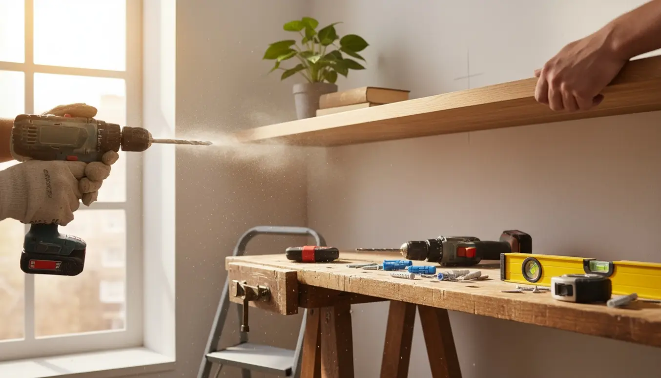 Nærbillede af hænder, der borer huller i en væg for at montere en hylde med boremaskine, plugs og vaterpas.