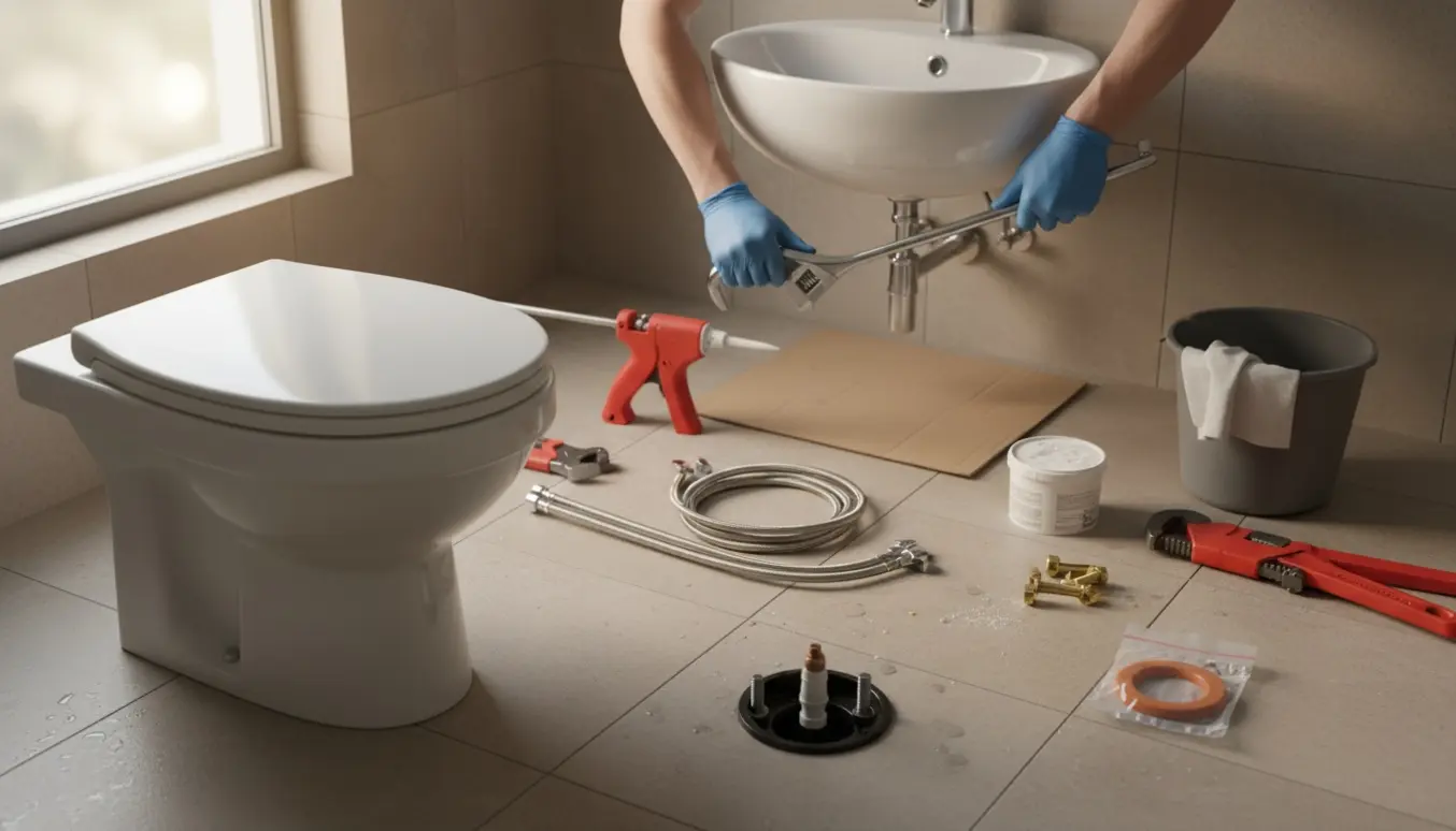 Installation af nyt toilet og håndvask i et badeværelse med værktøj på fliserne.