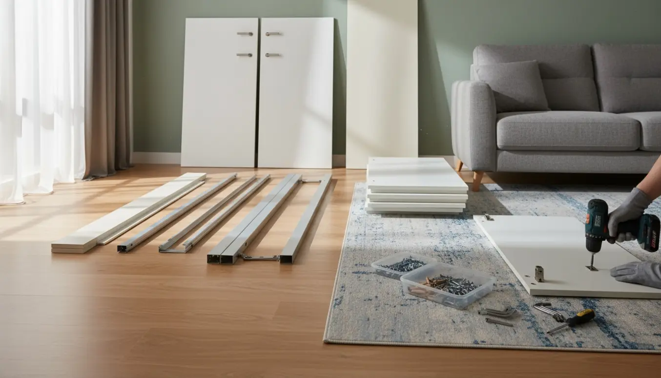 Delvist adskilt Pax-garderobeskab med værktøj og afmonterede paneler i et lyst stueområde.