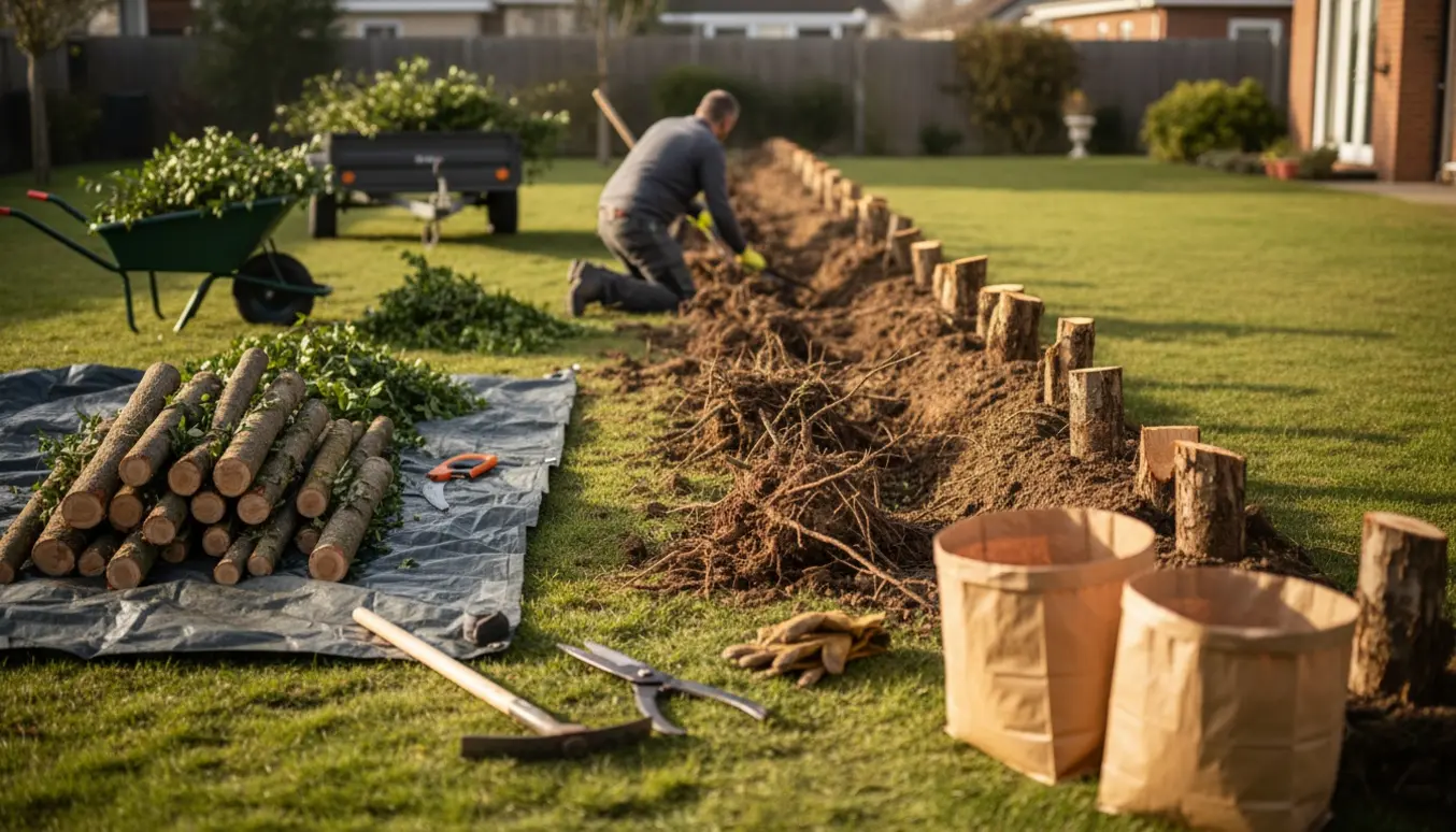 En person set bagfra graver en ligusterhæk op med spade og trillebør, mens rødder og grene samles til bortskaffelse.