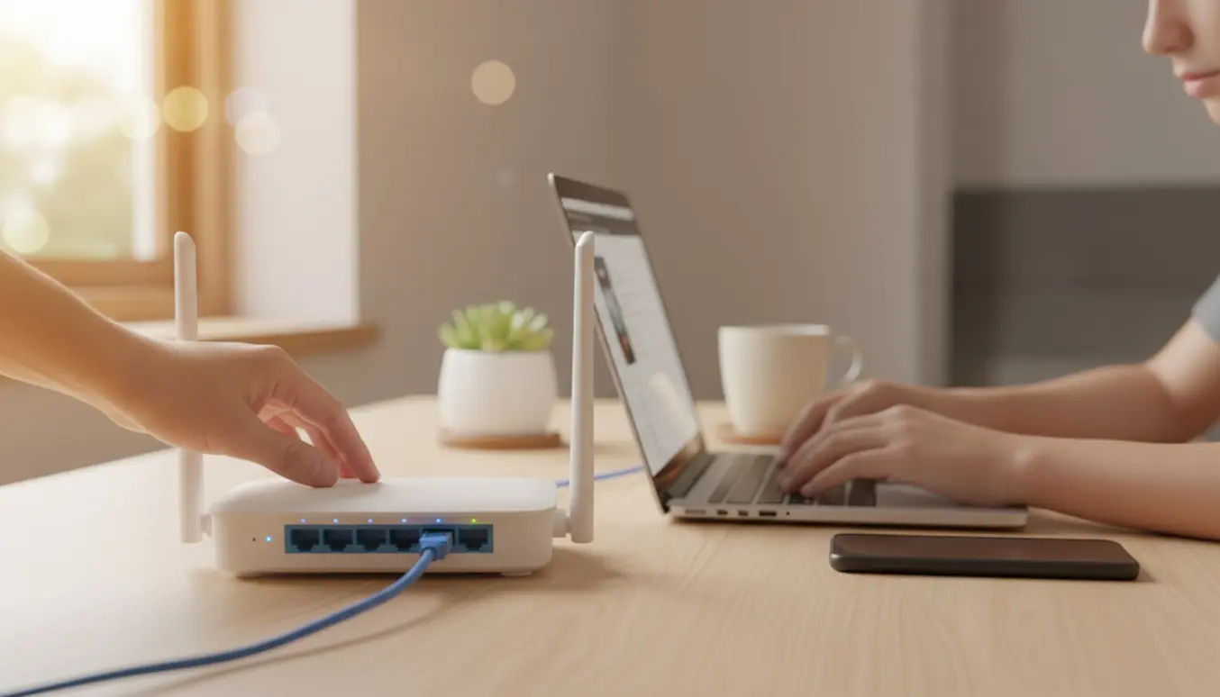 Hænder forbinder en bærbar til en hvid router på et skrivebord i hjemmet, klar til trådløs opsætning.