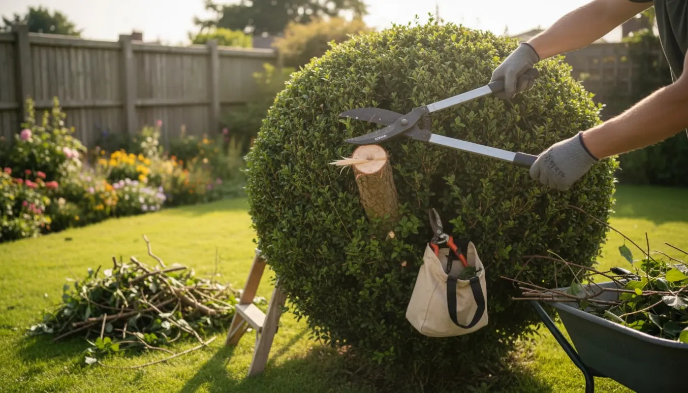 Hænder beskærer en stor busk i haven med beskærersakse og en bunke afklippede grene ved siden af.