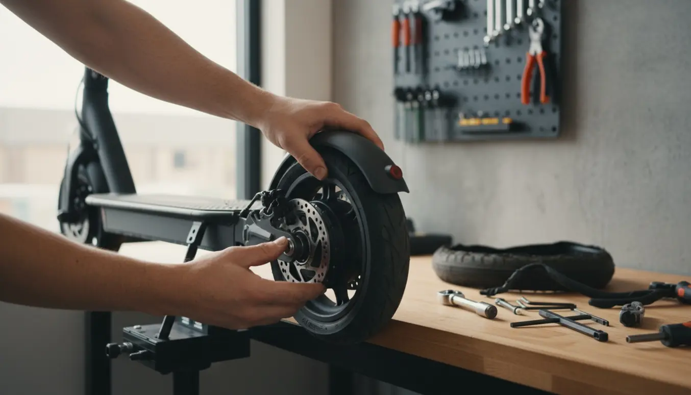 Hænder monterer et nyt bagdæk på et el-løbehjul i et oplyst værksted.